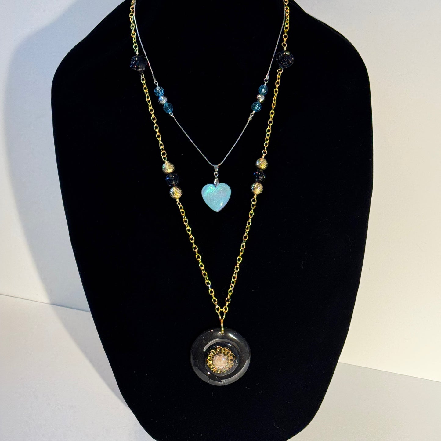 " A Touch of Opal, A Dash Of Rose" - 2 pc mixed metal necklace set