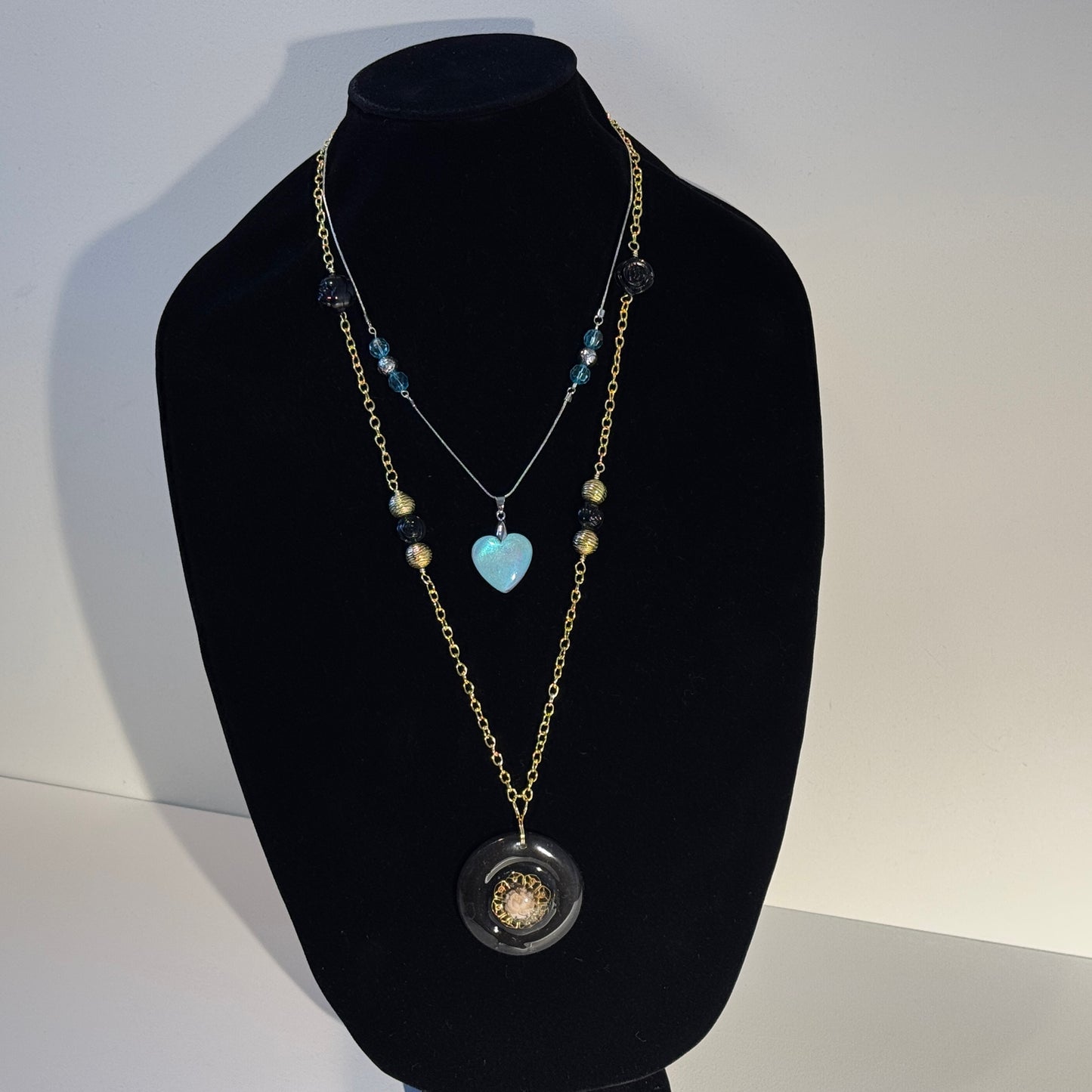 " A Touch of Opal, A Dash Of Rose" - 2 pc mixed metal necklace set