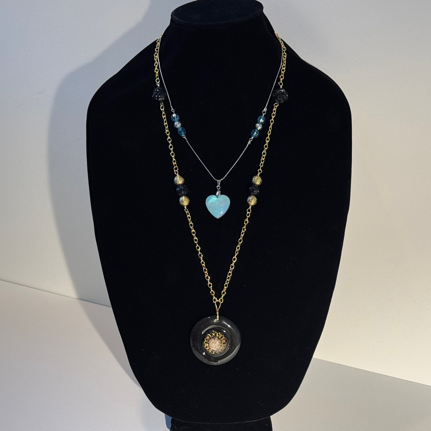 " A Touch of Opal, A Dash Of Rose" - 2 pc mixed metal necklace set